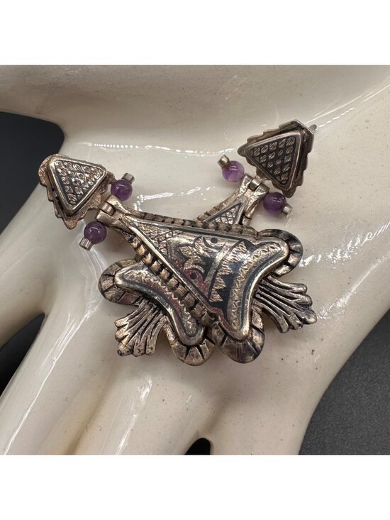 Jewelry - Vintage Sterling Silver Damascene Dangle Drop Earrings Amethyst Beads Spain